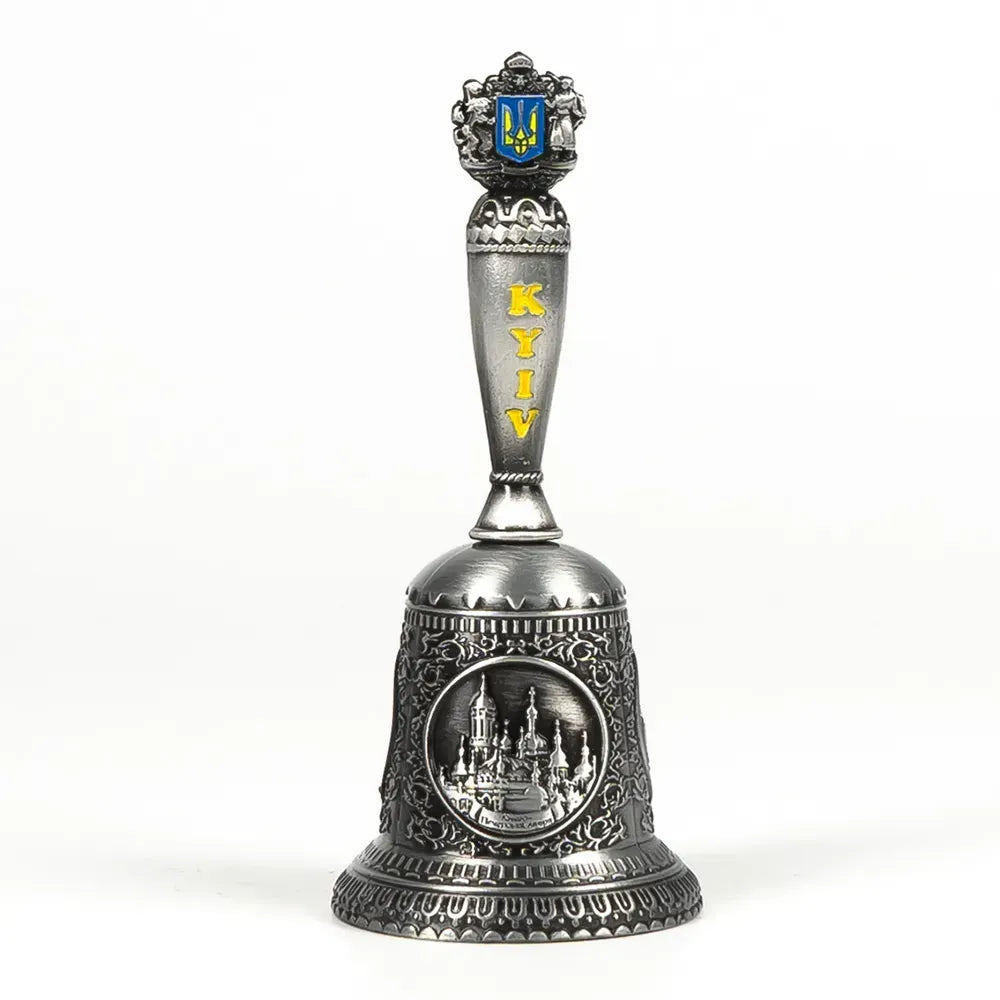 Ukrainian Metal Bell Views of Kyiv and Trident of Ukraine Silver