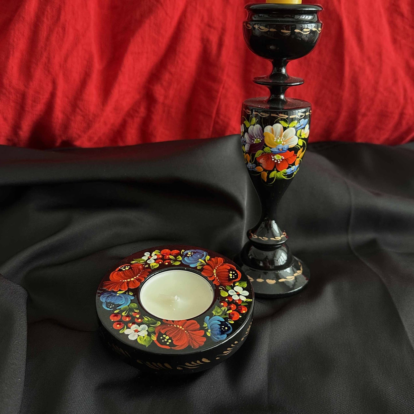 Ukrainian Wooden Candlestick with Handmade Painting Petrikivka
