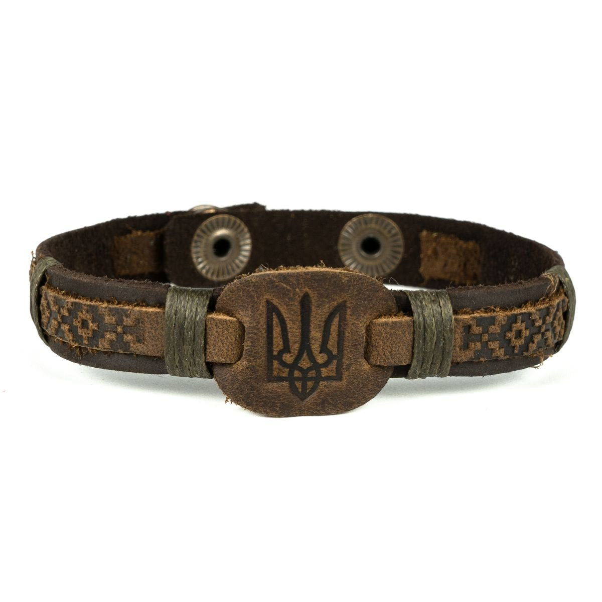 Ukranian Patriotic Leather Adjustable Bracelet Trident and Pattern of Ukraine