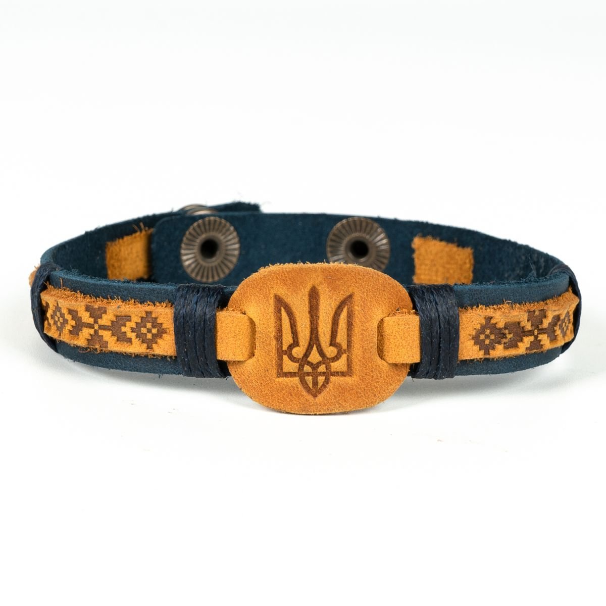 Ukranian Patriotic Leather Adjustable Bracelet Trident and Pattern of Ukraine