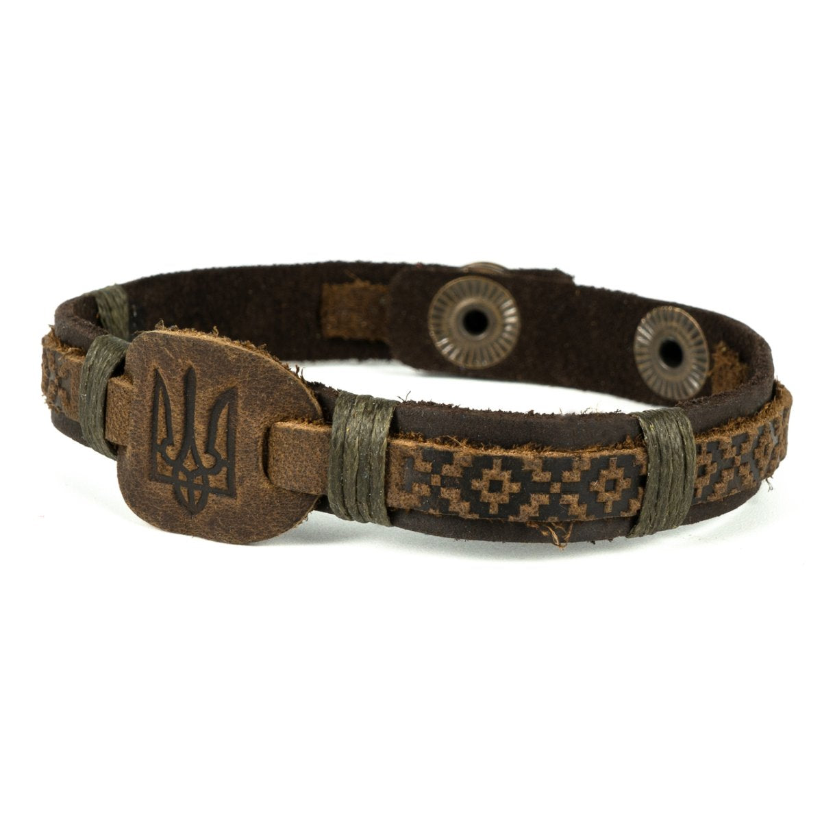 Ukranian Patriotic Leather Adjustable Bracelet Trident and Pattern of Ukraine