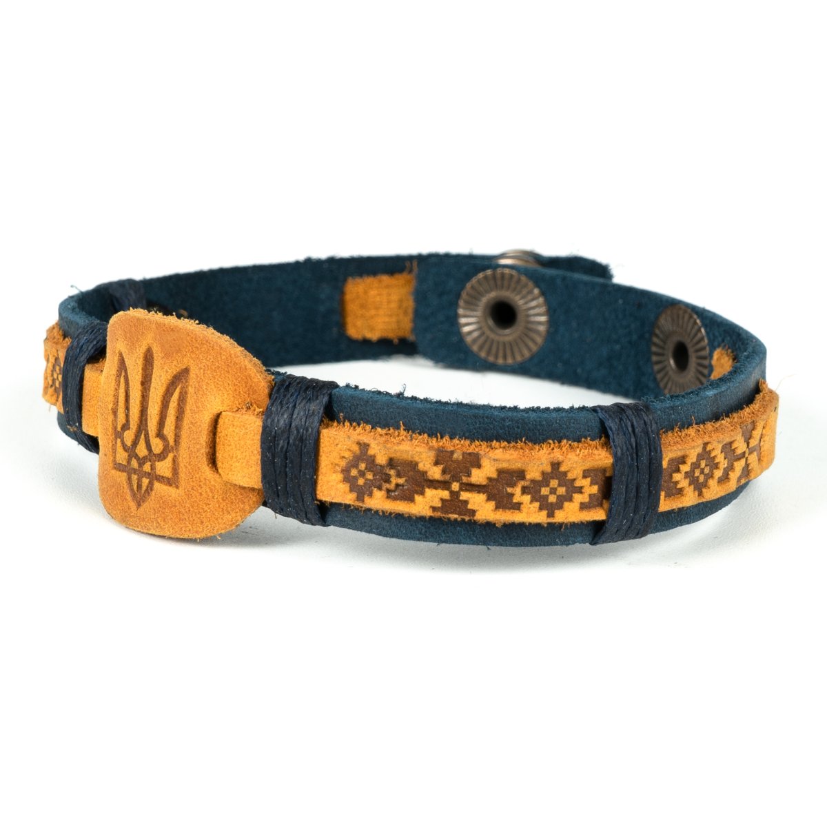 Ukranian Patriotic Leather Adjustable Bracelet Trident and Pattern of Ukraine