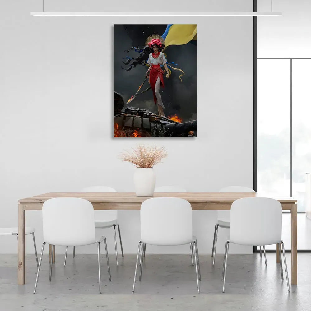 Ukranian Print Painting Eco Ink Wooden Subframe "Ukrainian Girl with Flug" 30x40 cm