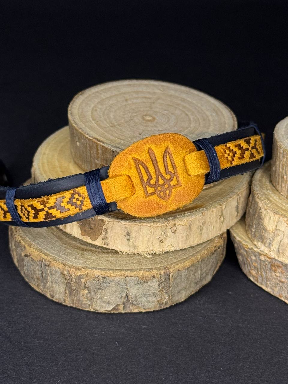 Ukranian Patriotic Leather Adjustable Bracelet Trident and Pattern of Ukraine