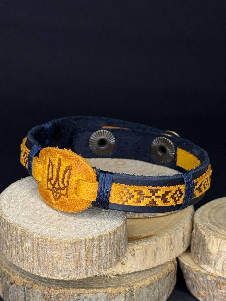 Ukranian Patriotic Leather Adjustable Bracelet Trident and Pattern of Ukraine