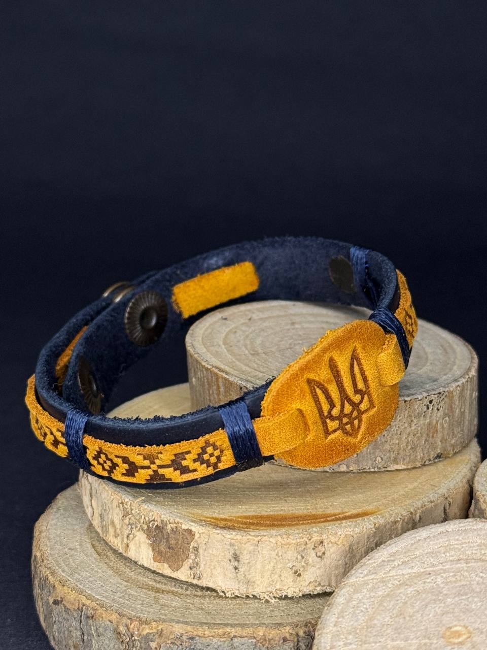 Ukranian Patriotic Leather Adjustable Bracelet Trident and Pattern of Ukraine