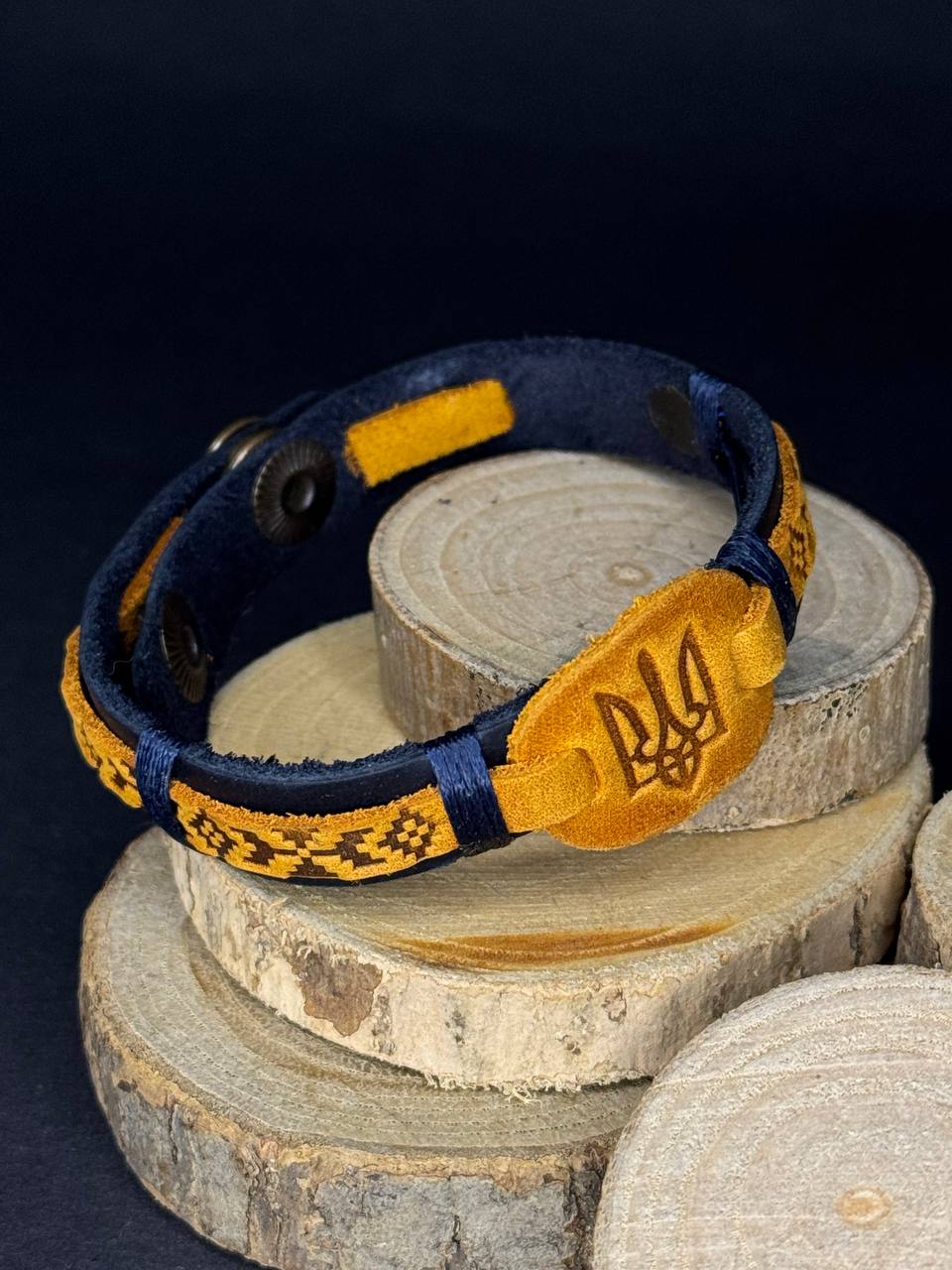 Ukranian Patriotic Leather Adjustable Bracelet Trident and Pattern of Ukraine