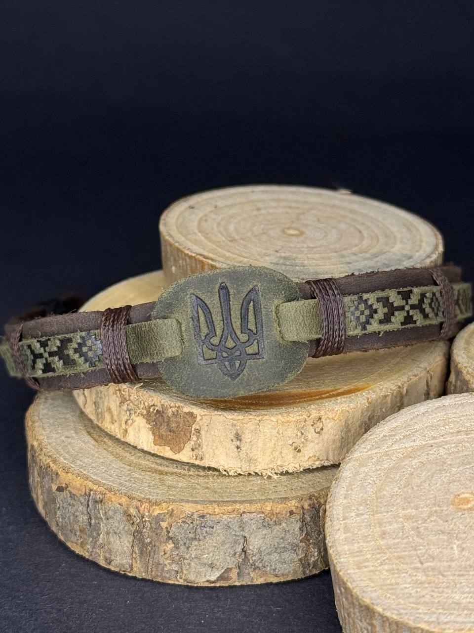 Ukranian Patriotic Leather Adjustable Bracelet Trident and Pattern of Ukraine