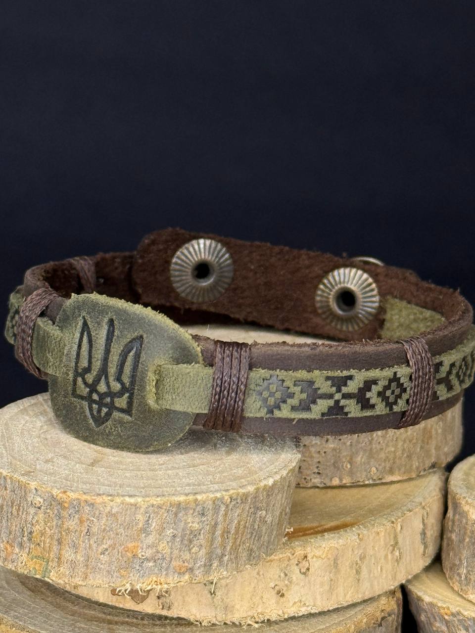 Ukranian Patriotic Leather Adjustable Bracelet Trident and Pattern of Ukraine