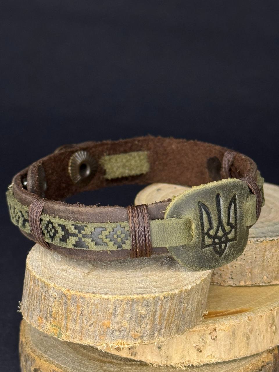 Ukranian Patriotic Leather Adjustable Bracelet Trident and Pattern of Ukraine