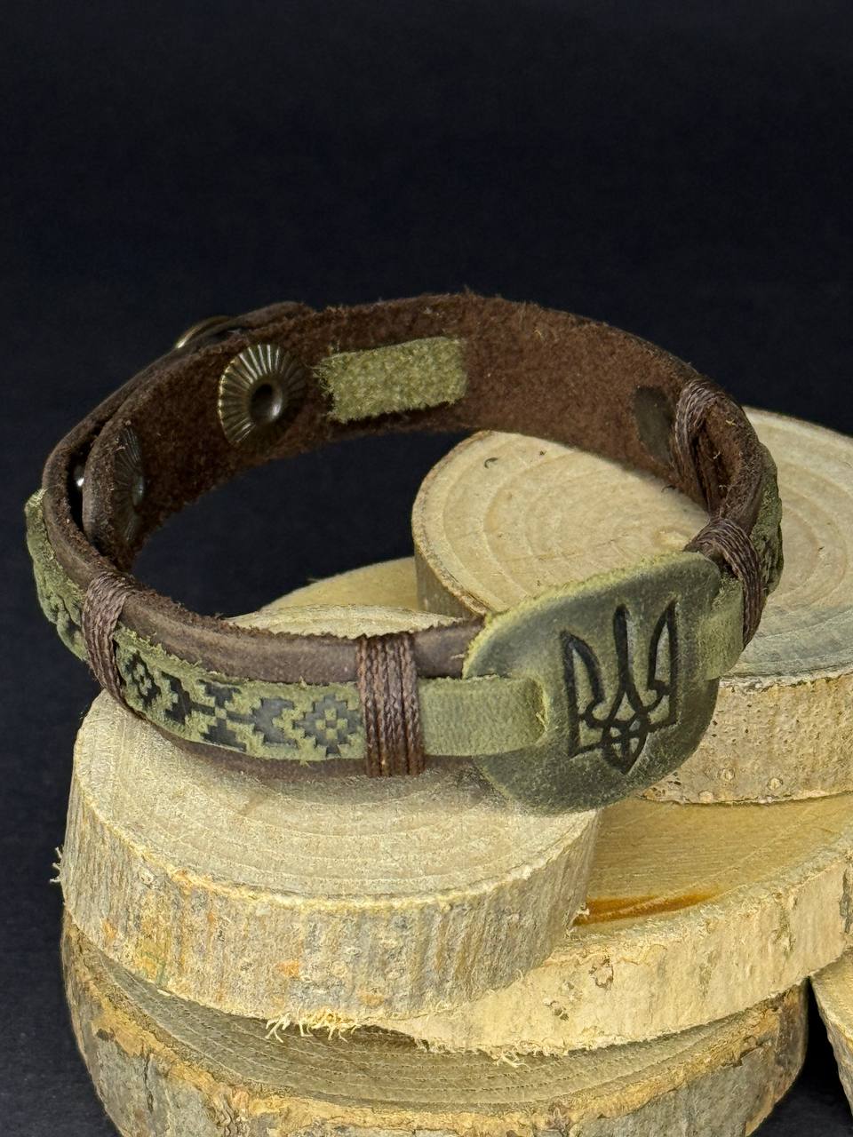 Ukranian Patriotic Leather Adjustable Bracelet Trident and Pattern of Ukraine
