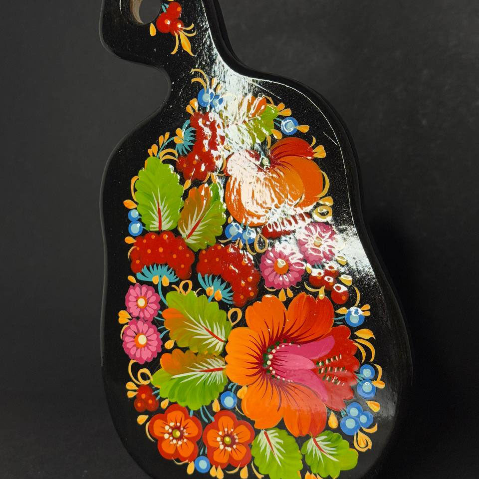 Ukranian Cutting Board with Petrykivka Painting Handmade Wood Small Pear