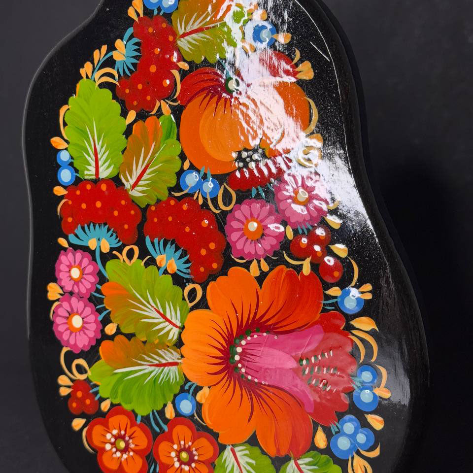 Ukranian Cutting Board with Petrykivka Painting Handmade Wood Small Pear