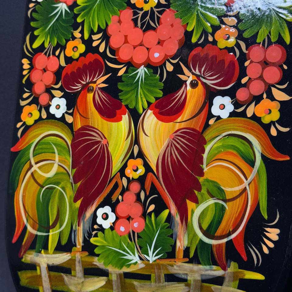 Ukranian Cutting Board with Petrykivka Painting Handmade Wood Oval Medium