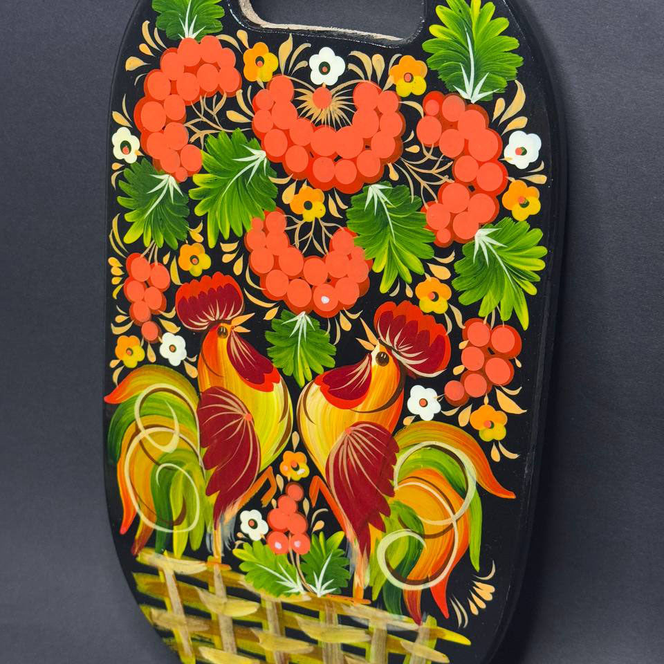Ukranian Cutting Board with Petrykivka Painting Handmade Wood Oval Medium