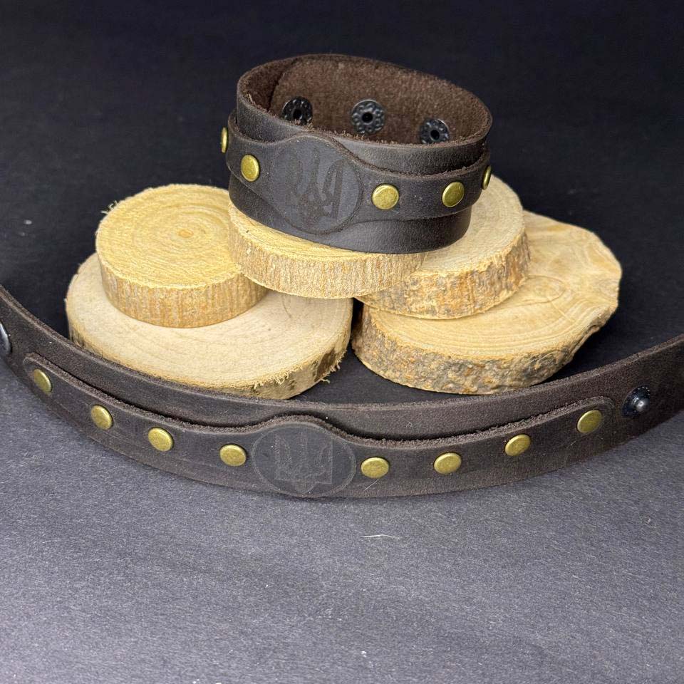 Brown Leather Wide Bracelet Ukrainian "Trident" Stand with Ukraine