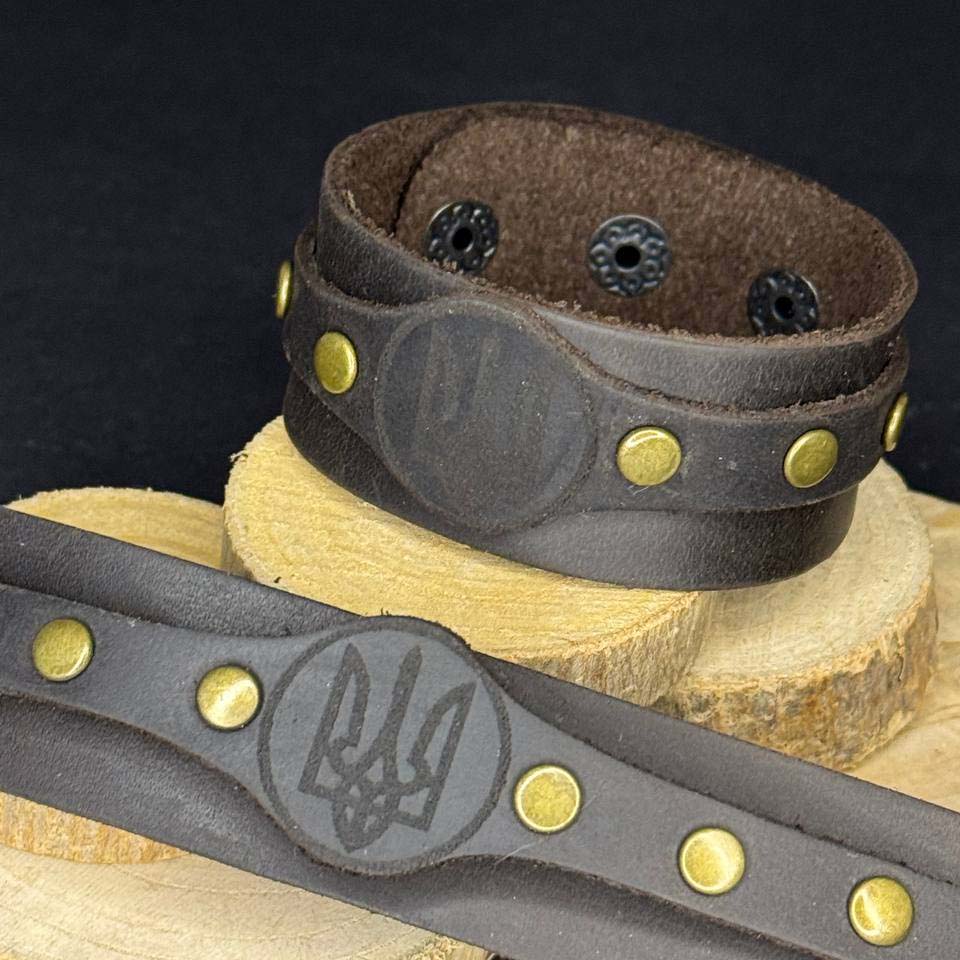 Brown Leather Wide Bracelet Ukrainian "Trident" Stand with Ukraine