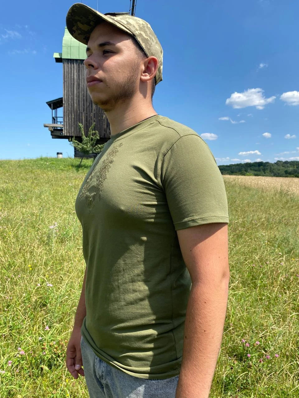 Ukrainian T-Shirt Olive with National Embroidery Patterns and Emblem Trident