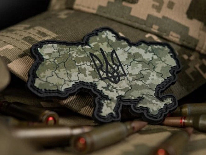 Ukrainischer Plastik-Moral-Patch KARTE UKRAINE DREIZACK Pixel Taktisches Abzeichen Haken