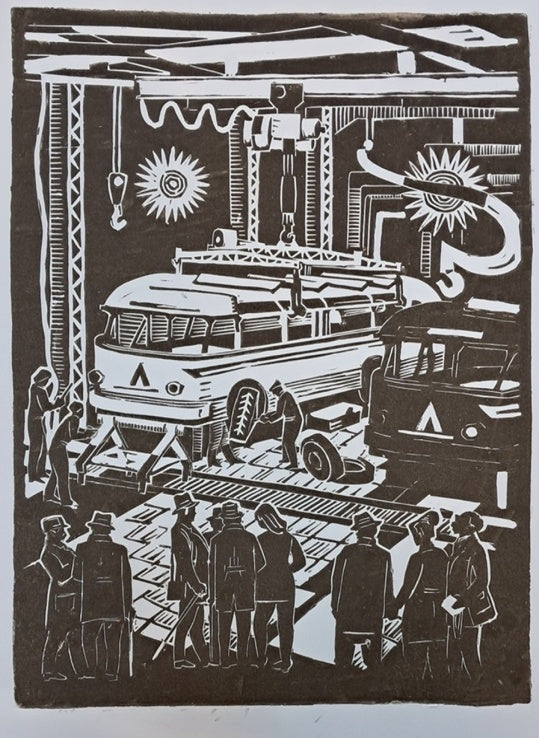 Ukrainian Print Zenoviy Ketsalo Original Signed Linocut Art Lviv Bus Factory LAZ