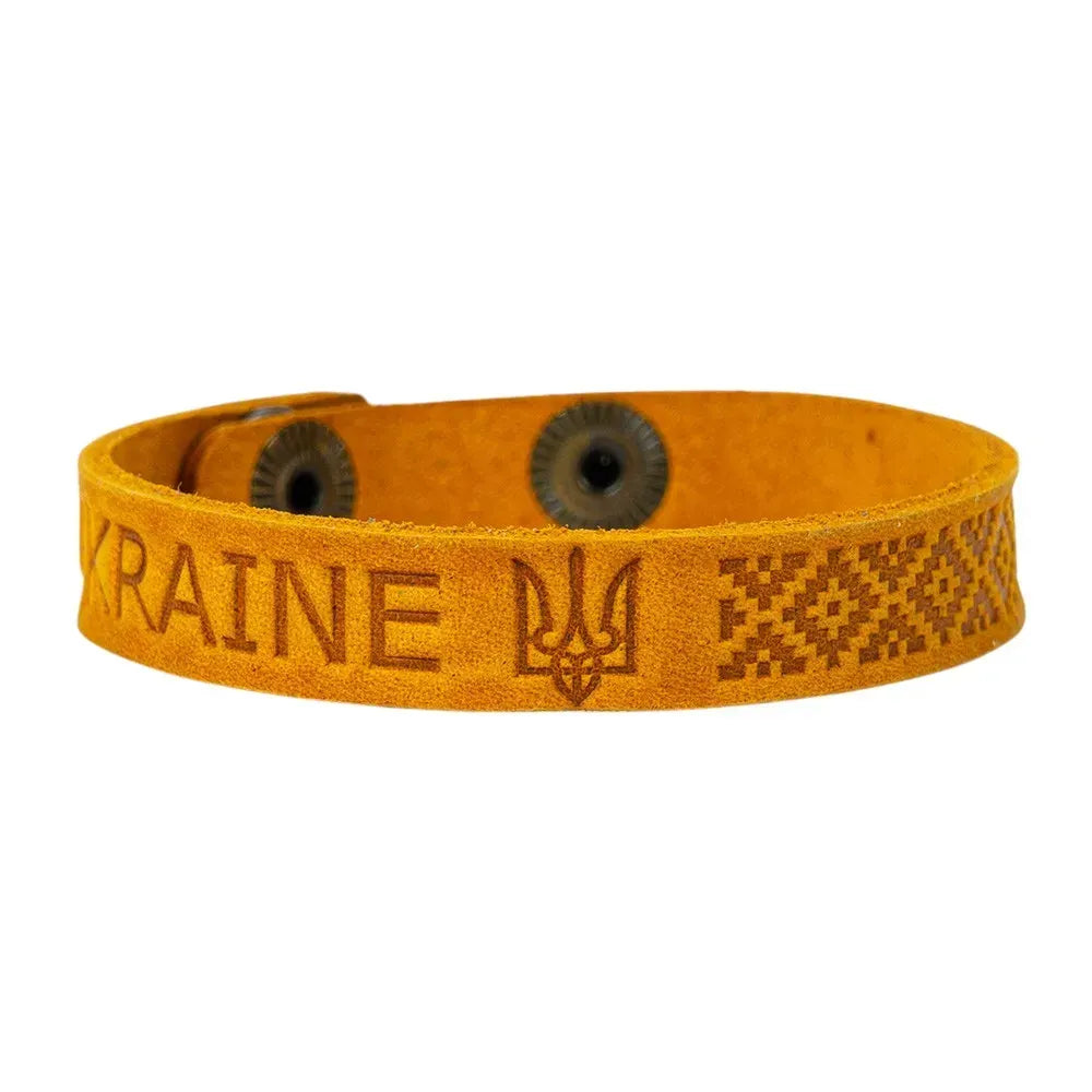 Ukranian Leather Adjustable Bracelet "Ukraine" with Trident and Etno Ornament