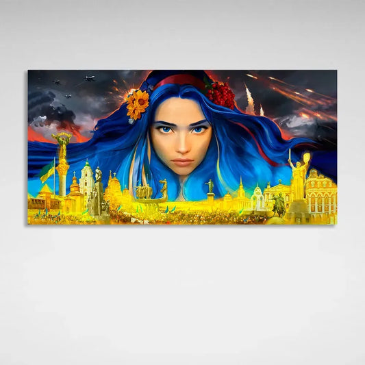 Ukrainian Print Painting Eco Ink Wooden Subframe "Ukrainian Girl Defender"