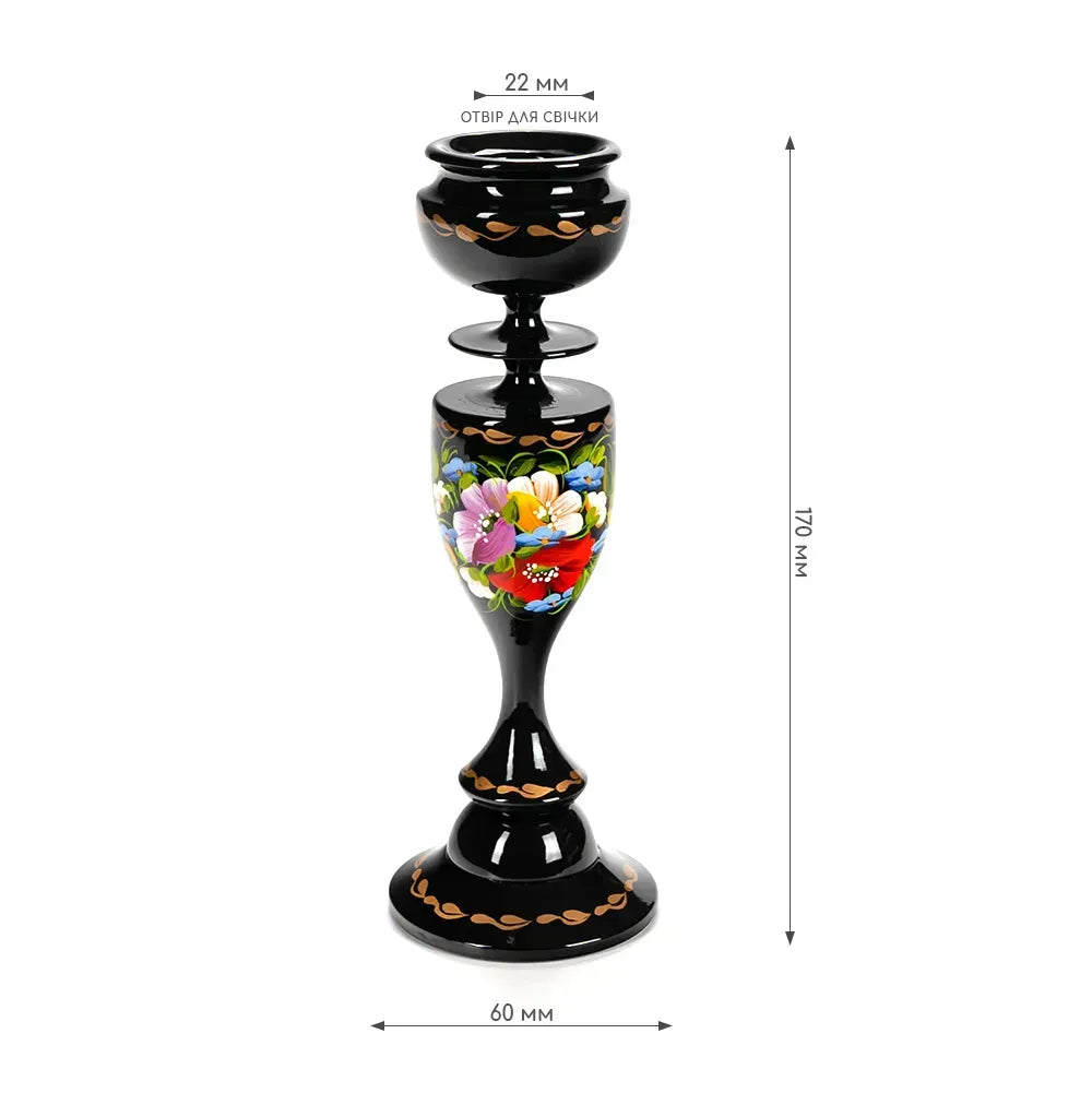 Ukrainian Wooden Candlestick with Handmade Painting Petrikivka