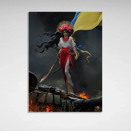 Ukranian Print Painting Eco Ink Wooden Subframe "Ukrainian Girl with Flug" 30x40 cm