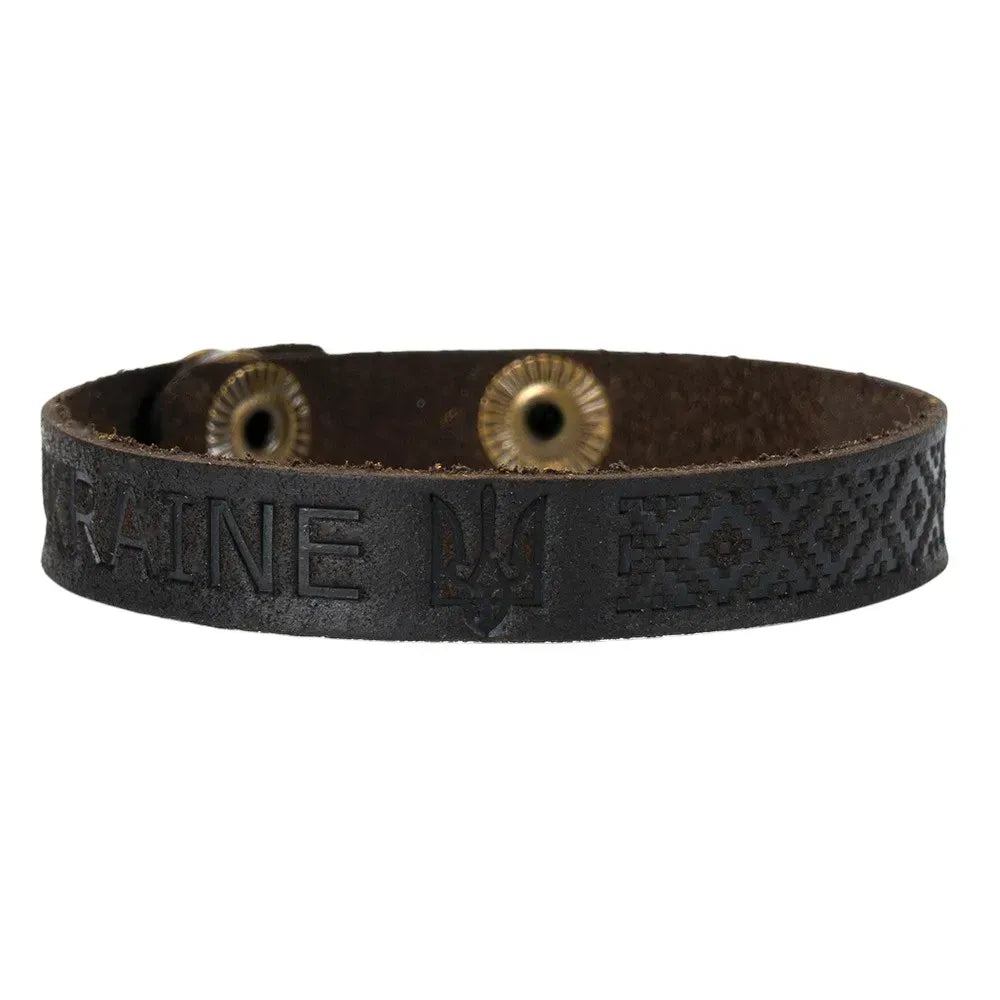 Ukranian Leather Adjustable Bracelet "Ukraine" with Trident and Etno Ornament