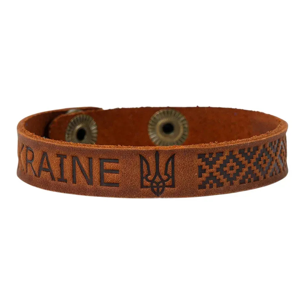 Ukranian Leather Adjustable Bracelet "Ukraine" with Trident and Etno Ornament