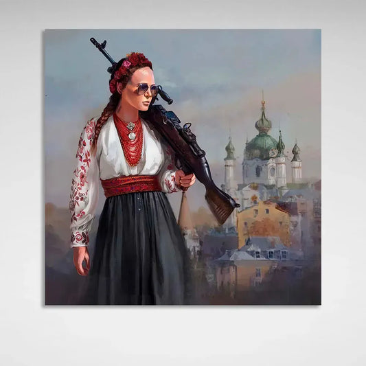Ukranian Print Painting Eco Ink Wooden Subframe "Ukrainian Girl a Fighter"
