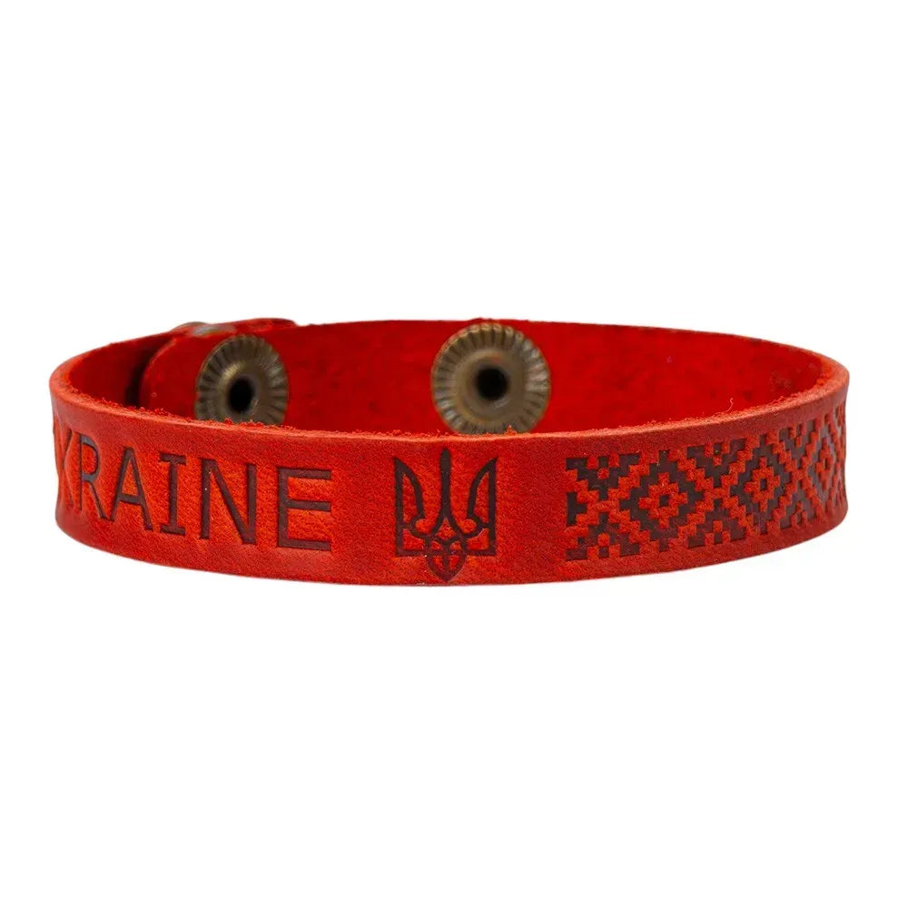 Ukranian Leather Adjustable Bracelet "Ukraine" with Trident and Etno Ornament