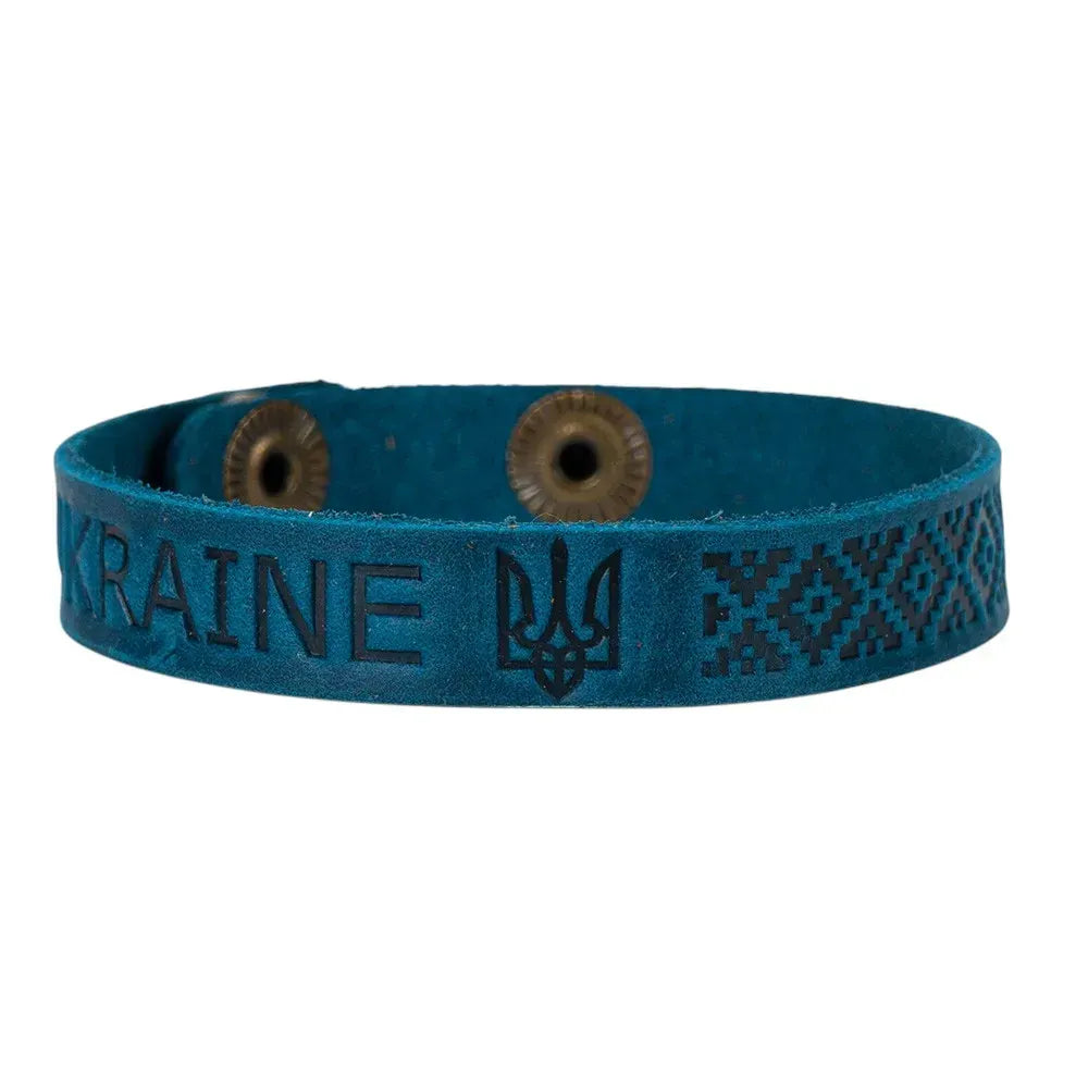 Ukranian Leather Adjustable Bracelet "Ukraine" with Trident and Etno Ornament