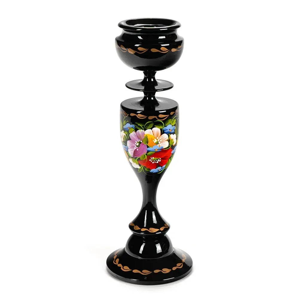 Ukrainian Wooden Candlestick with Handmade Painting Petrikivka