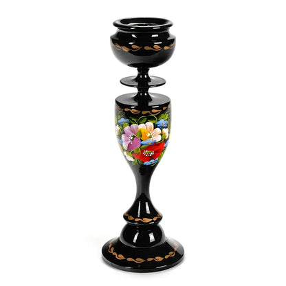 Ukrainian Wooden Candlestick with Handmade Painting Petrikivka