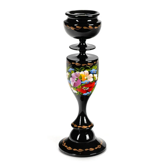Ukrainian Wooden Candlestick with Handmade Painting Petrikivka