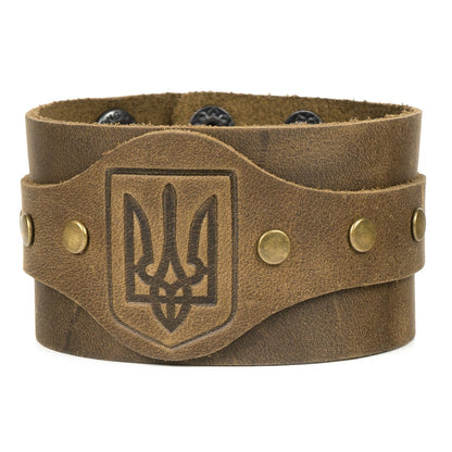 Ukranian Patriotic Etno Leather Wide Adjustable Bracelet with Trident