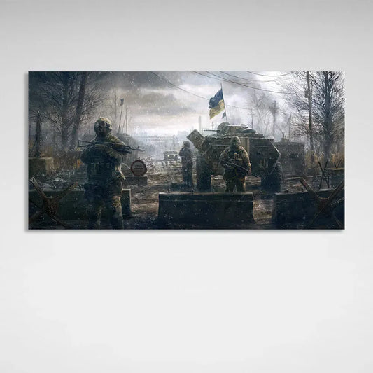 Ukrainian Print Painting Eco Ink Wooden Subframe "Military Checkpoint"
