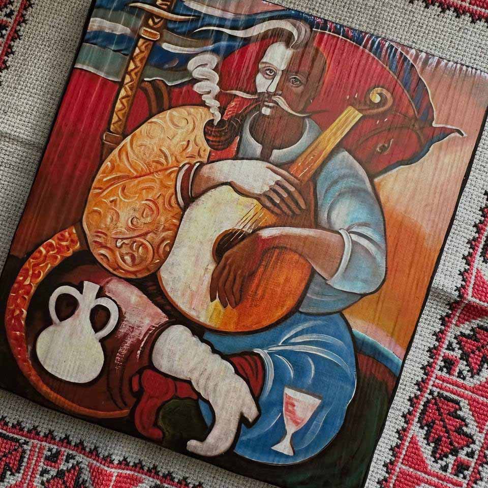 Cossack Mamai Painting, Ukrainian Folk Art Wood Panel