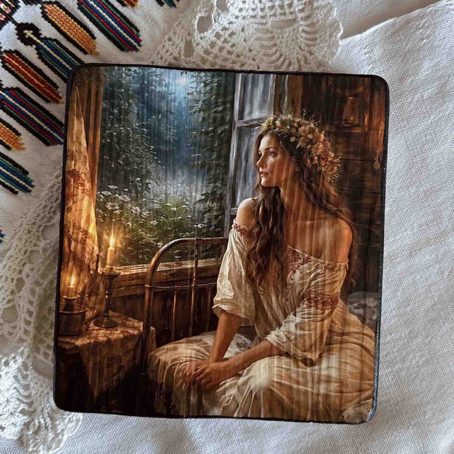 Ukrainian Folk Art Painting Wood Panel "Ukrainian Girl in Bed" Ethno Art