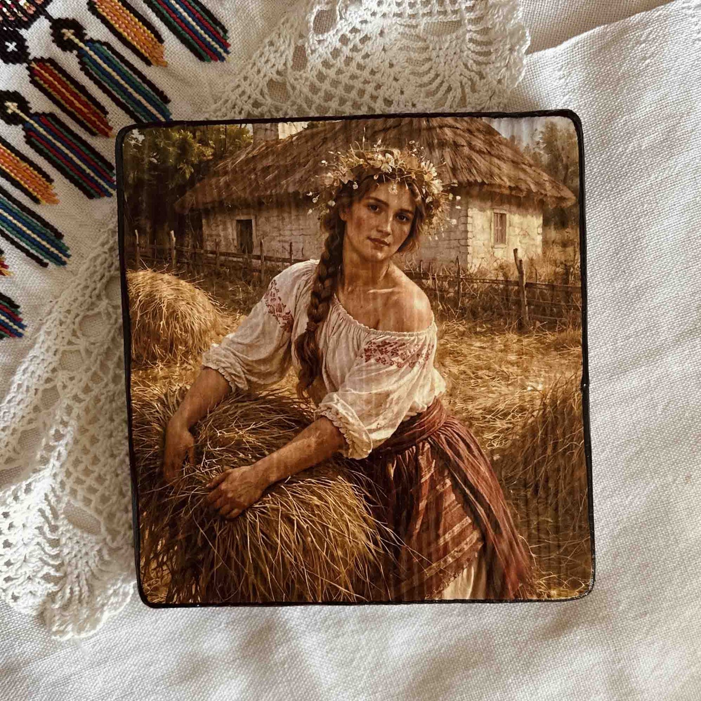 Ukrainian Folk Art Painting Wood Panel "Ukrainian Girl at Work" Ethno Art