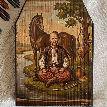Ukrainian Folk Art Painting Wood Panel "Cossack Mamai" Ethno Symbol of Ukraine