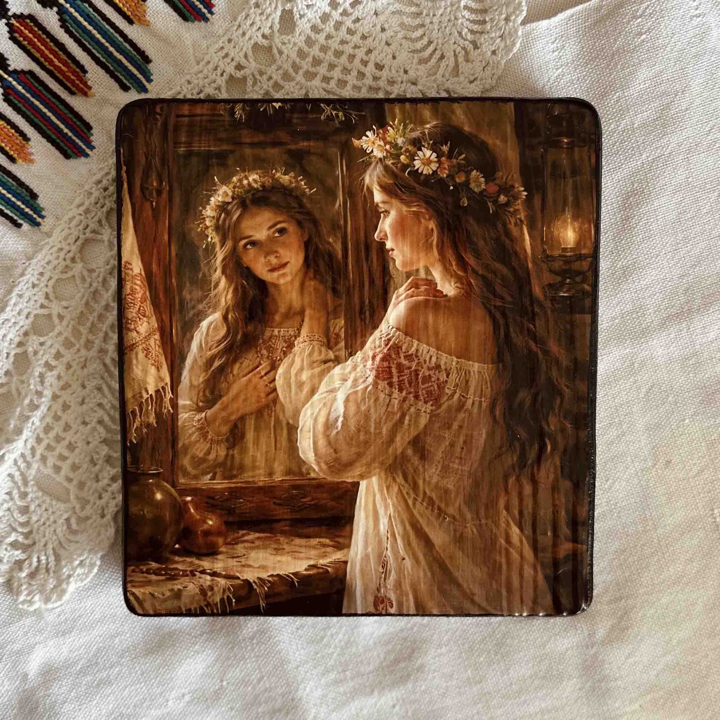 Ukrainian Folk Art Painting Wood Panel "Ukrainian Girl and Mirror" Ethno Art