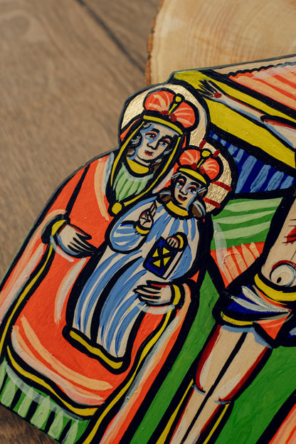 Ukrainian Wood Handmade Ortodox Icon "The Virgin with Child, Crucifix, Saint Nicholas" by Carpathians Region Ukraine