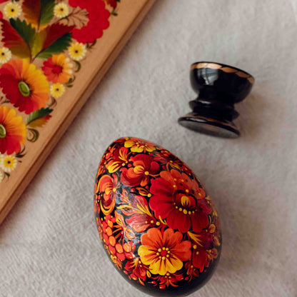 Ukrainian Handmade Wooden Painted Easter Egg "Petrykivsky Painting"