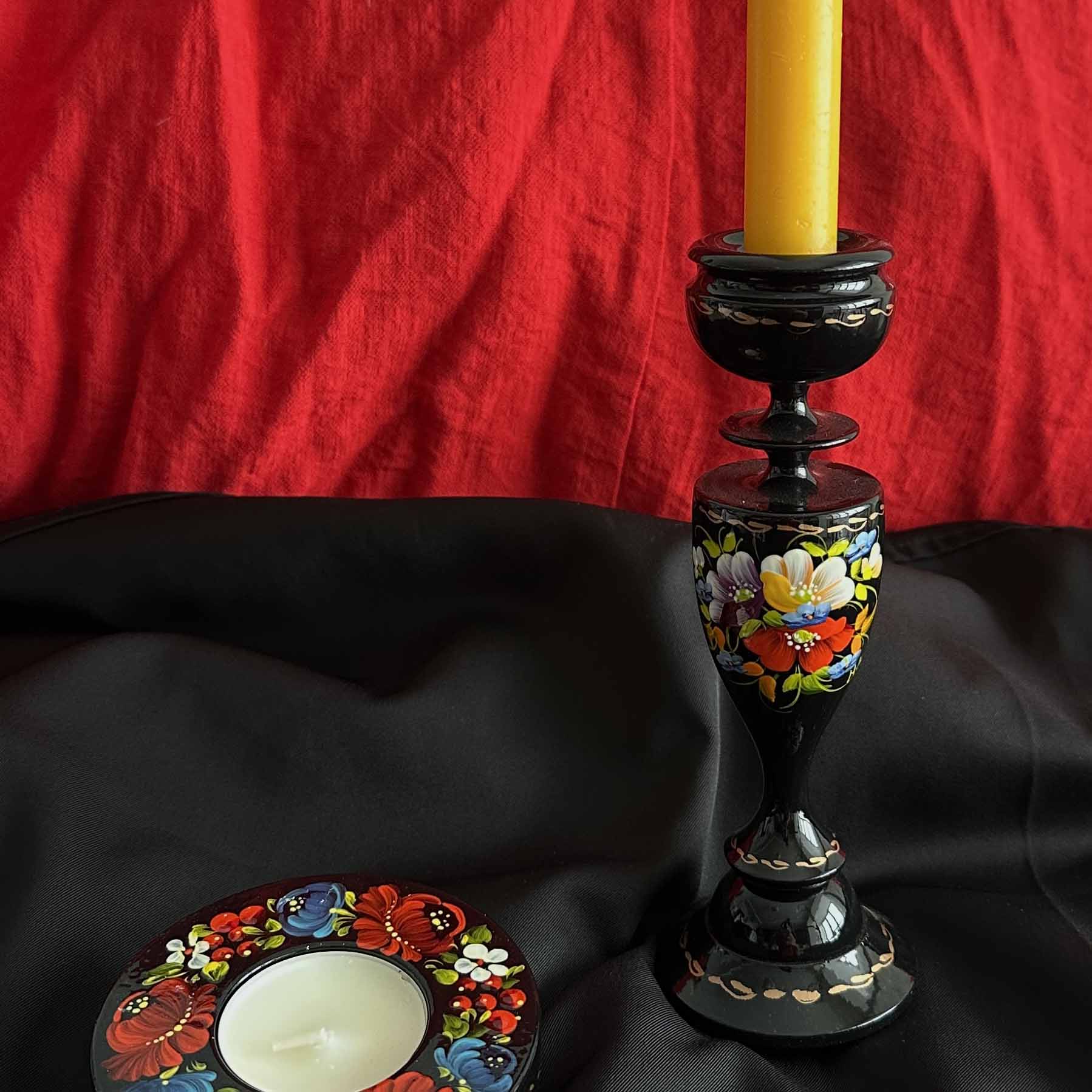 Ukrainian Wooden Candlestick with Handmade Painting Petrikivka