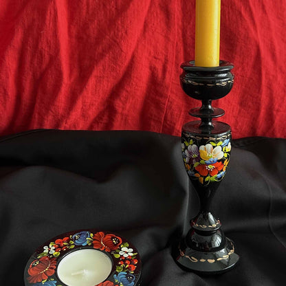 Ukrainian Wooden Candlestick with Handmade Painting Petrikivka