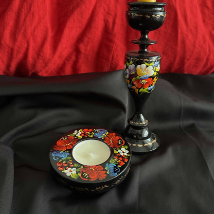 Ukrainian Wooden Candlestick with Handmade Painting Petrikivka