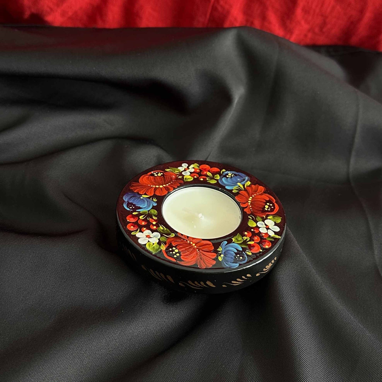 Ukrainian Wooden Candlestick with Handmade Painting Petrikivka