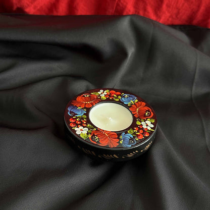 Ukrainian Wooden Candlestick with Handmade Painting Petrikivka